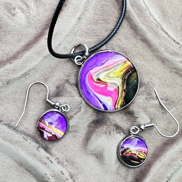 Elegant Purple and Gold Swirl Jewelry Set Handmade Acrylic pour Art Signed 4176 - Picture 1 of 15